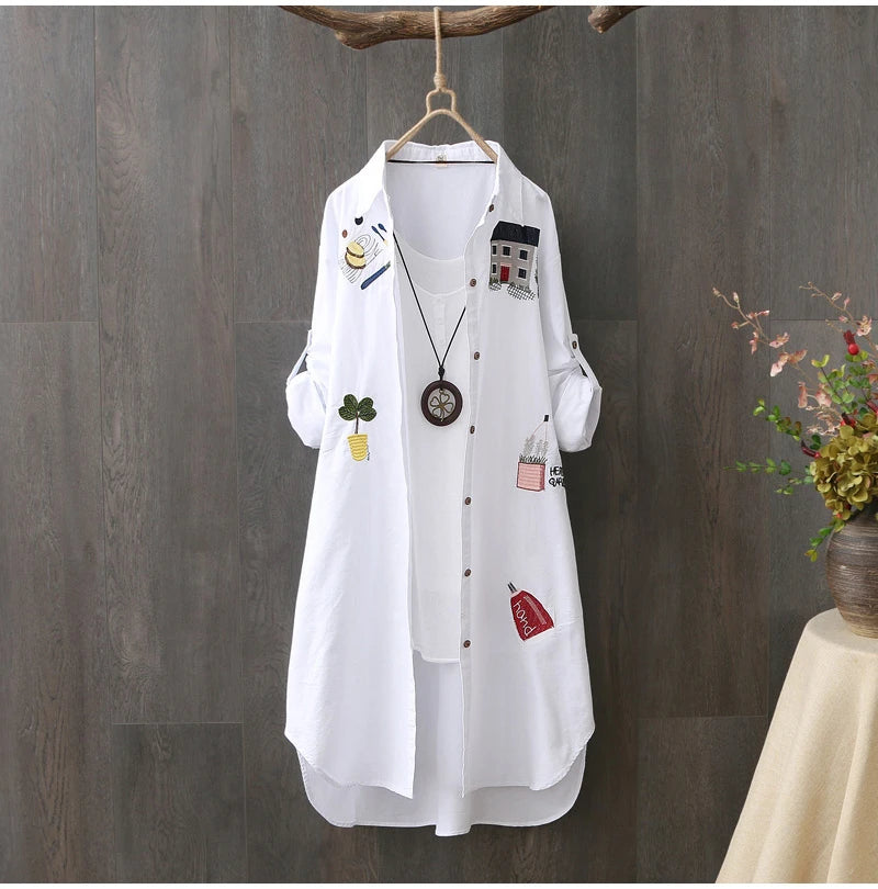 Women Cotton Embroidery Loose Long White Shirts 2025 Spring Autumn New Casual Office Lady Blouse Female Top Loose shirt