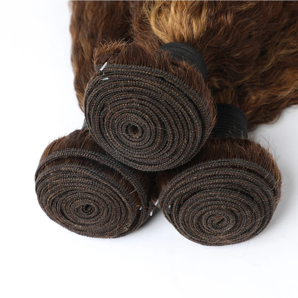 Blonde Highlight Kinky Straight Bundles with Closure Human Hair P4/27 Ombre Hair Weave with 4x4 Lace Closure 13x4 Lace Frontal