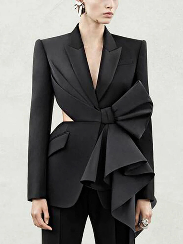 TWOTWINSTYLE Solid Spliced Bowknot Hollow Out Blazer For Women Notched Collar Long Sleeve Tunic Temperament Blazers Female New