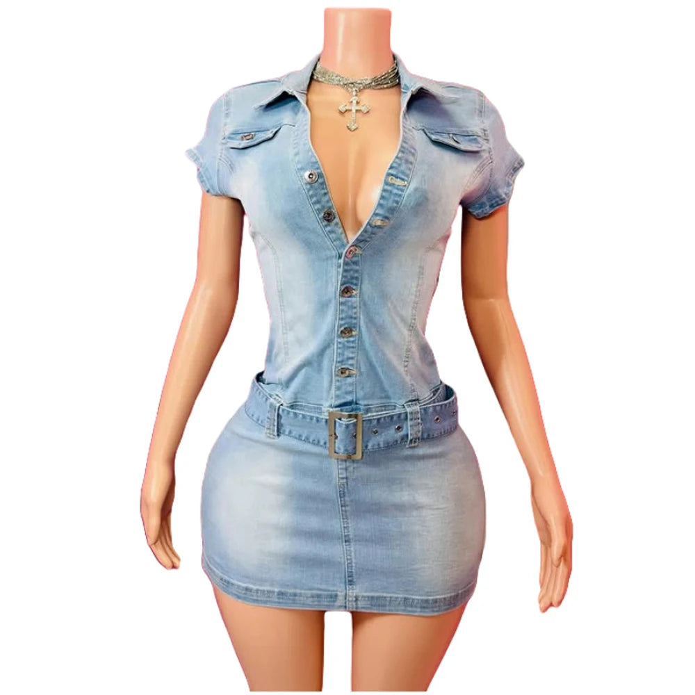 2025 New Denim Short Sleeve Dress Women Modest Sexy Summer Stylish Slim Stretch Acid Wash Vintage Belt Jean Bodycon Dresses