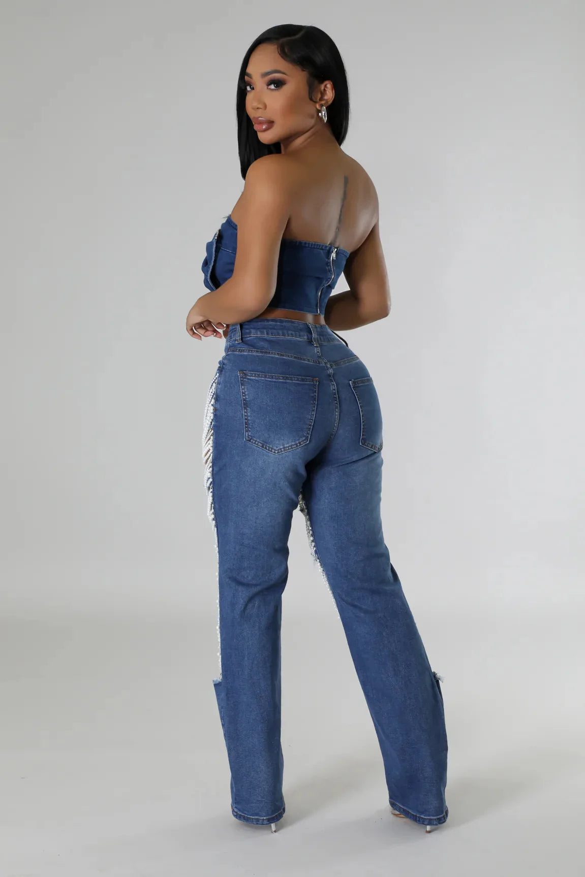 Women's Destroyed Ripped Hole Denim Pants Pearl Rhinestones Chain Distressed Slim Fit Skinny Jeans Y2K Night Club Party Jeans