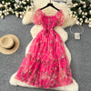 Elegant Slash Neck Vintage Short Puff Sleeve Chic Print Slim Chiffon Dresses French High Street Evening Autumn Mesh Clothing