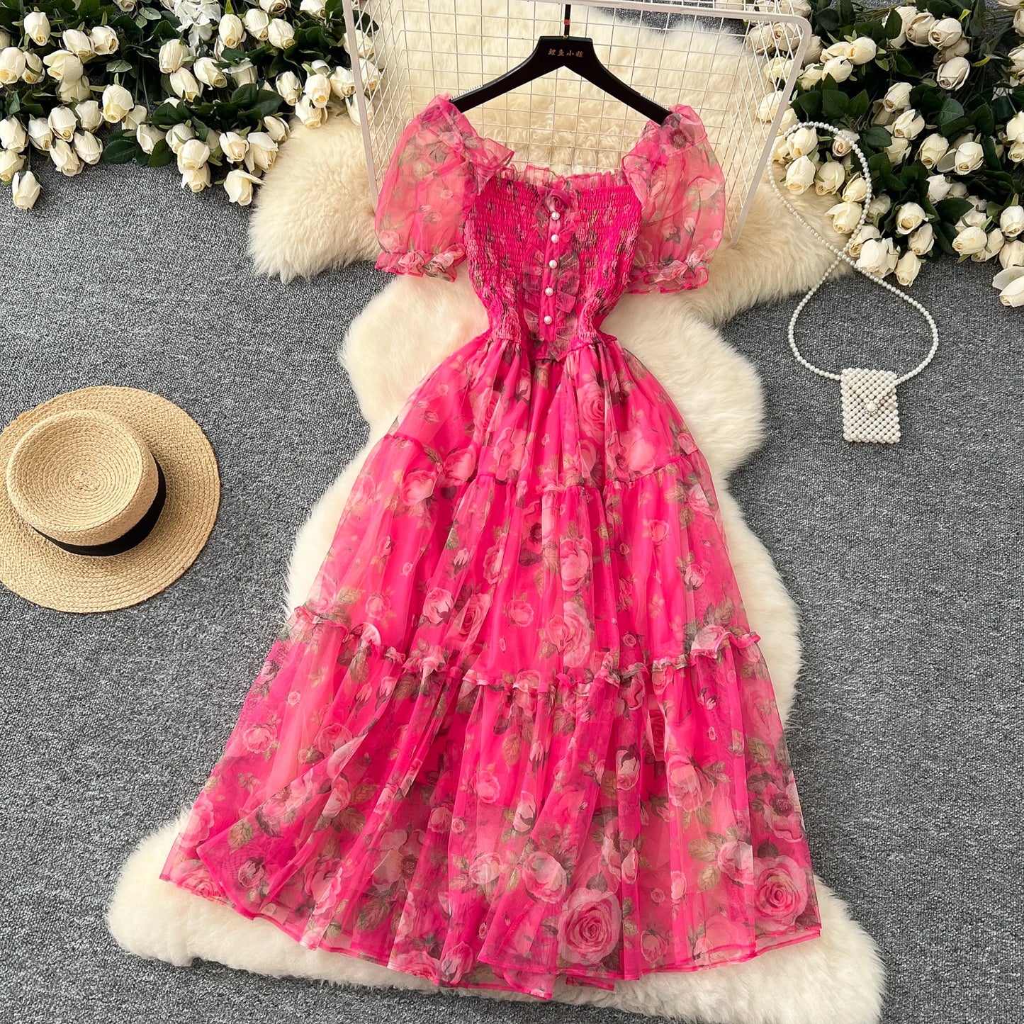 Elegant Slash Neck Vintage Short Puff Sleeve Chic Print Slim Chiffon Dresses French High Street Evening Autumn Mesh Clothing