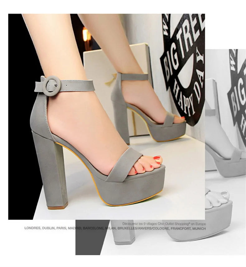 Fashion Women Pumps Sandals Summer Platform Belt Buckle Strap PU Square Heel Outdoor Korean Style Black Open Toe Grace 1550-1