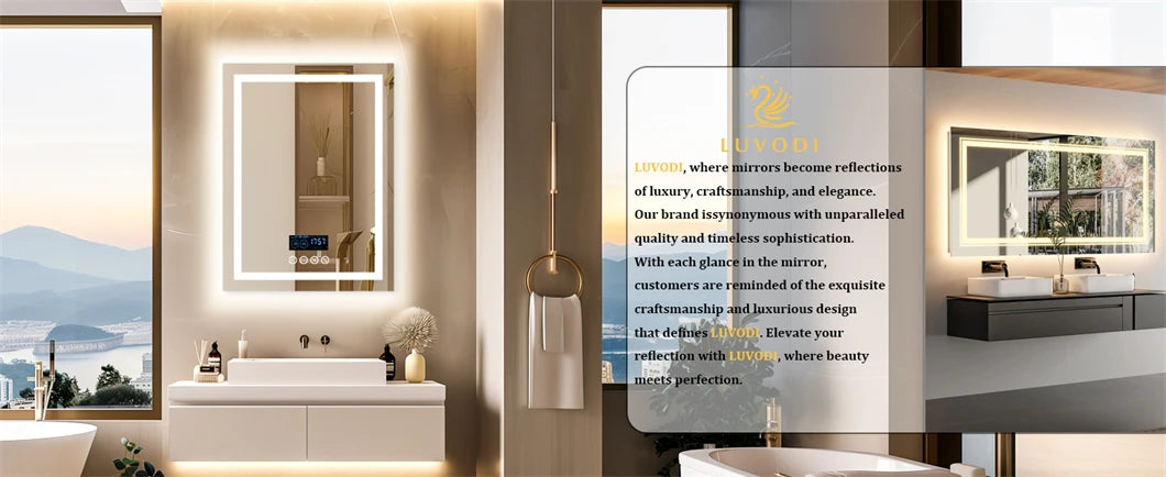 Smart LED Bathroom Mirror Rectangle Wall Mount Mirror w Bluetooth Speaker,Time,Temperature,Light Memory,Front & Backlit,Anti-Fog