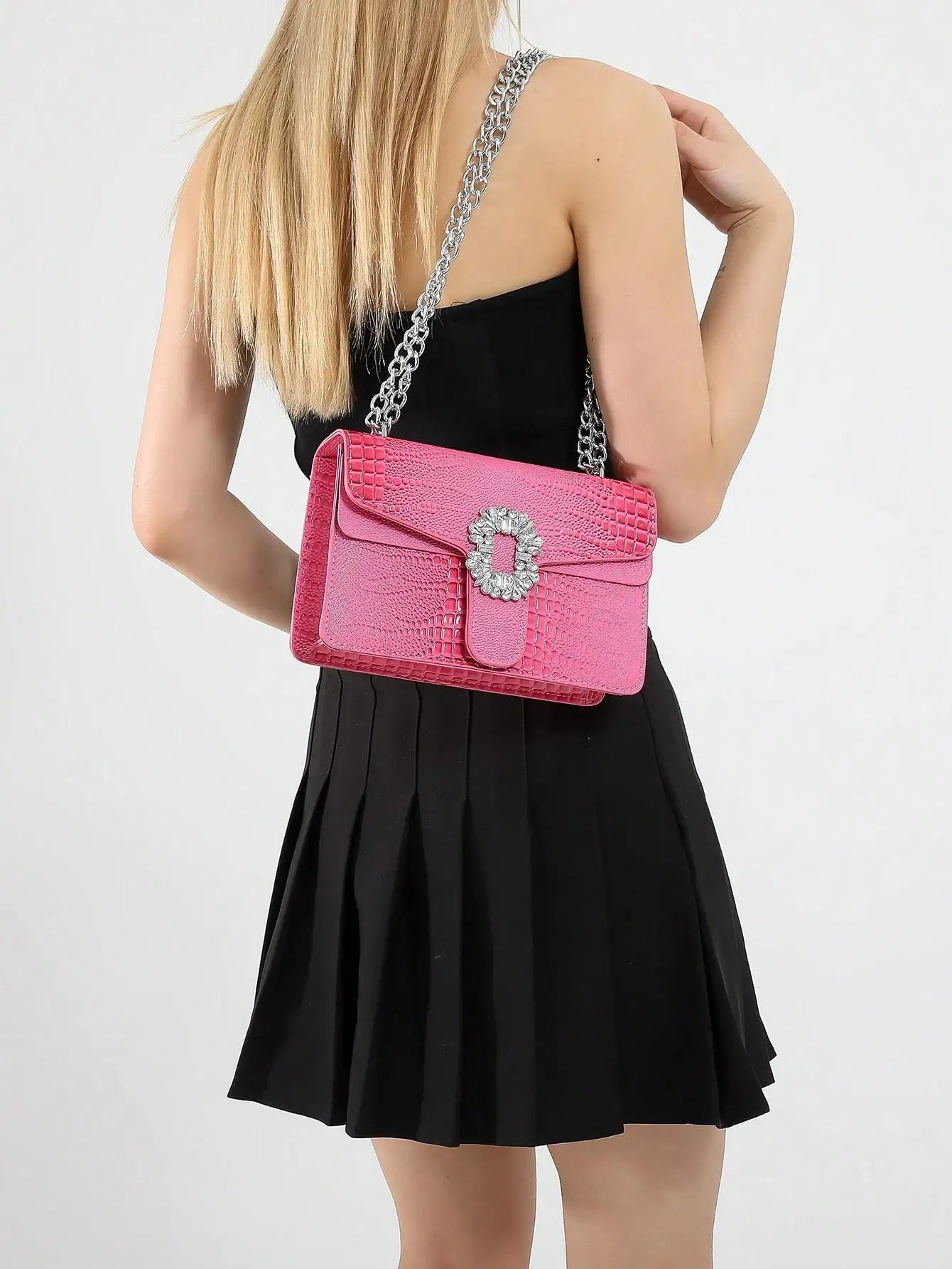 Crocodile Embossed Shoulder Bags For Women Flap PU Leather Fashion Rhinestone Decor Small Square Crossbody Bag Designer Handbag