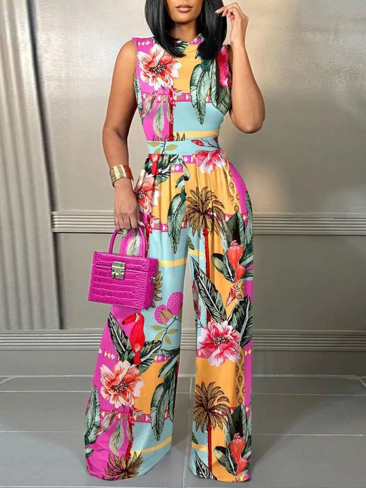 Elegant Women Wide Leg Long Juumpsuit 2024 Spring Summer Fashion Printed Sleeveless Casual Holiday Bodysuits Jumpsuits Trousers