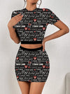 All-over printed elastic waist skirt and T-shirt two-piece set