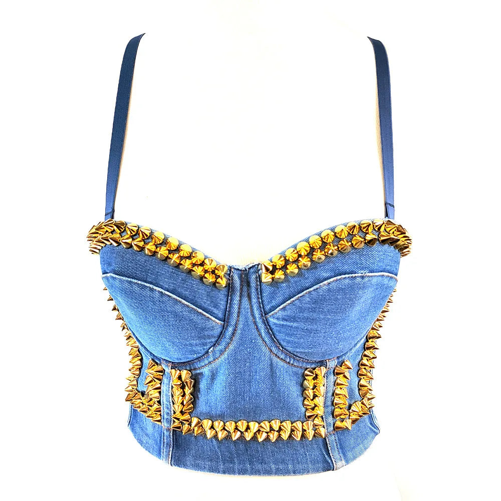 Irene Tinnie Sexy Cute Hole Cartoon Decoration Push Up Bustier Women's Denim Bralette Cropped Top Vest Plus Size