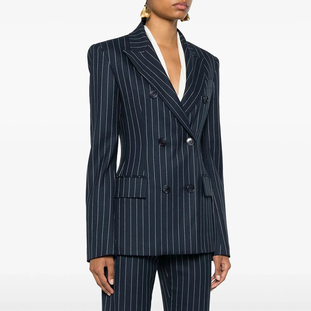TWOTWINSTYLE Striped Temperament Blazers For Women Notched Collar Long Sleeve Tunic Patchwork Double Breasted Coats Female New