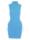 Kliou Stunning Stacked Mini Dress Women Sexy Solid Mock Neck Sleeveless Draw String Bodycon Party Clubwear Elegant Female Skirt