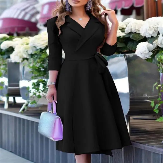 New Womens Dress Clothing Printing Suit Collar Tie Dress