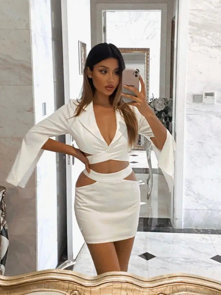 sets for women 2 pieces Sexy Lapel Long Sleeve Jackets + High Waist Hollow Out Skirts Set 2024 Woman Clothes Women's Suits