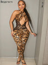 Beyprern Wild Cut-Out Leopard Print Corset Jumpsuit Fitness Rompers One Piece Outfits Womens Mesh Patchwork Long Pants Overalls