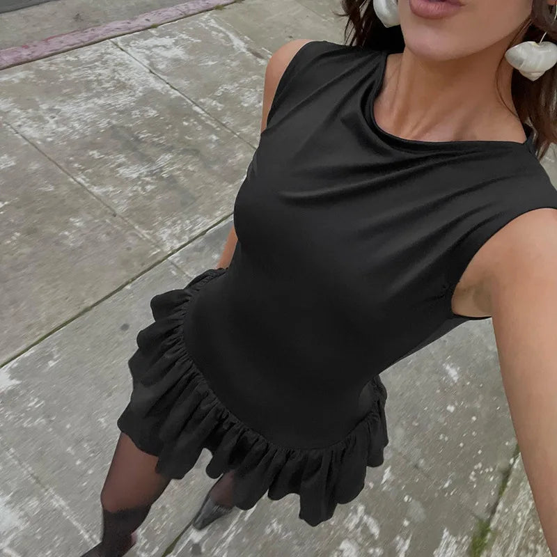 Women's Solid Pleated Short Dress Sleeveless O-neck Fashion Elegant Simple Mini Bodycon Dresses Slim Street Casual Party Holiday