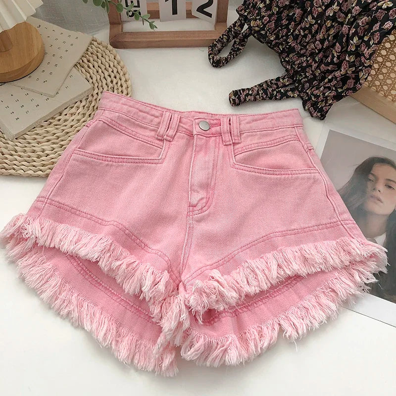 ITOOLIN Women Vintage Tassels Denim Shorts Button Loose High Waist A-line Jean Shorts Casual Women Office Trousers Streetwear
