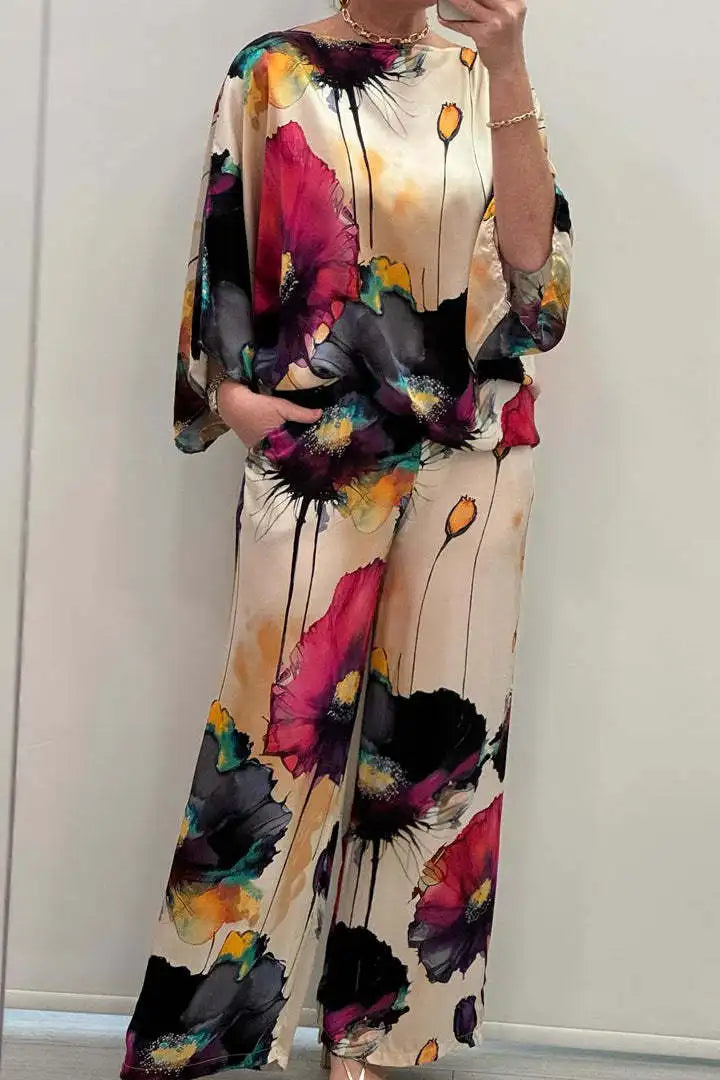 Casual Sets for Women 2 pieces Summer Fashion Printed Satin Two Piece Sets Women Sexy Round Neck Top+Wide Leg Long Pants Outfits