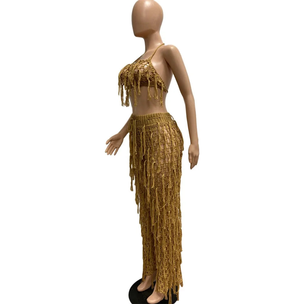 FAGADOER Sexy Hollow Out Tassels Pants Two Piece Sets Women Halter Sleeveless Backless Crop Top + Pants Outfit Female Streetwear