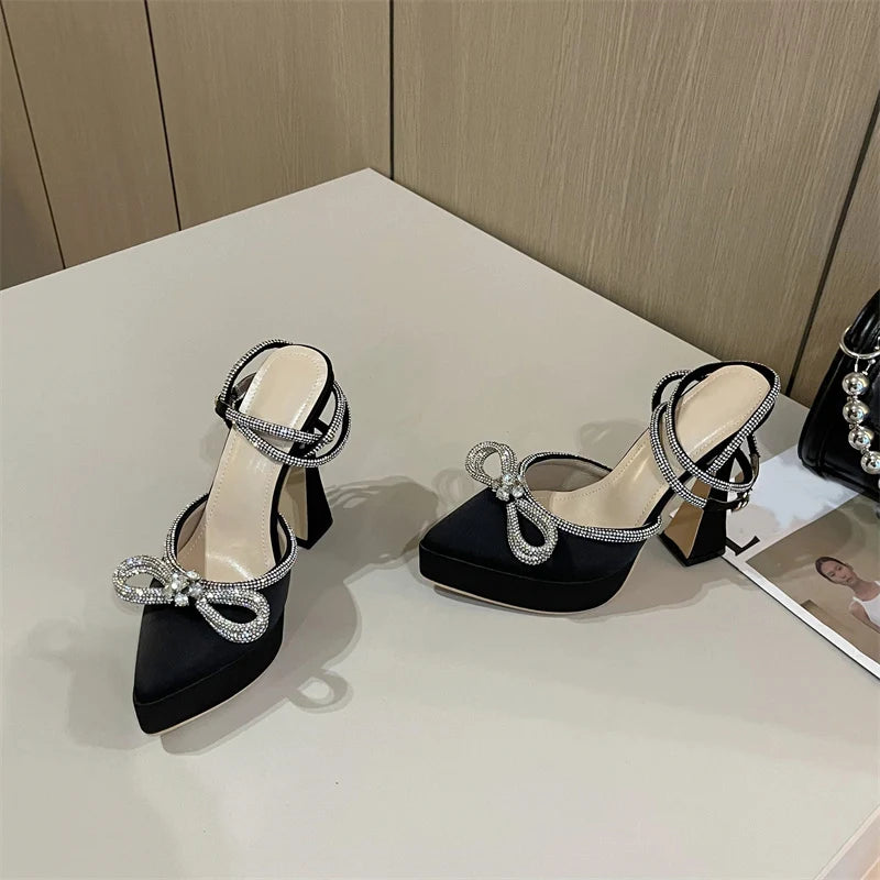 Hlieny 2025 Spring Autumn Women Pumps Fashion Platform Pointed Toe Butterfly-Knot Crystal Party Shoes Ankle Buckle Strap Sandals