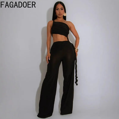 FAGADOER Sexy Ruched Patchwork Bodycon Jumpsuits for Woman Halter Sleeveless Wide-leg Romper Female Streetwear Overalls 2025 New