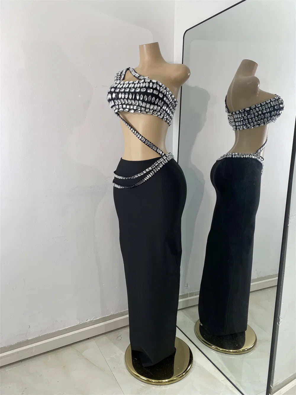 Luxury Crystal Diamonds Top Skirt Two Pieces Women's Bandage Sets White Black Knitted Celebrity Evening Birthday Party Outfit