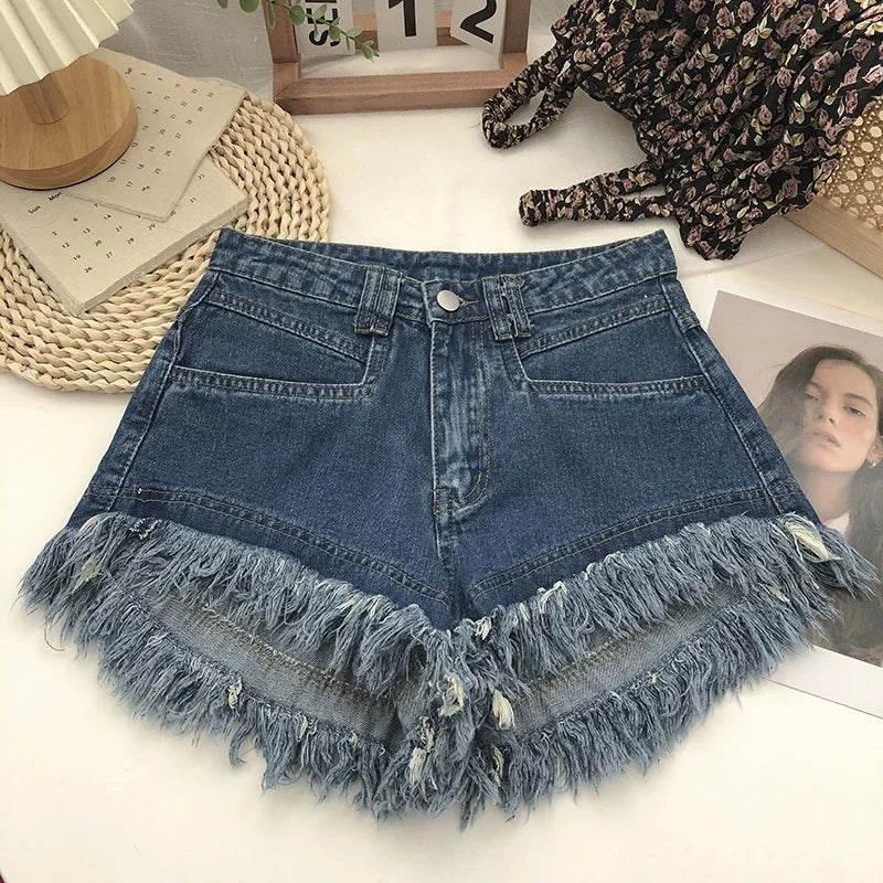 ITOOLIN Women Vintage Tassels Denim Shorts Button Loose High Waist A-line Jean Shorts Casual Women Office Trousers Streetwear