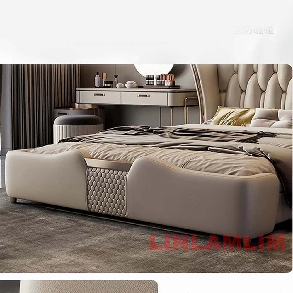 MINGDIBAO Luxury Modern Upholstered Bed Frame with Gold Accents, Genuine Leather Designer Bed, Queen/King Size Bedroom Furniture