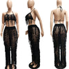 FAGADOER Sexy Hollow Out Tassels Pants Two Piece Sets Women Halter Sleeveless Backless Crop Top + Pants Outfit Female Streetwear