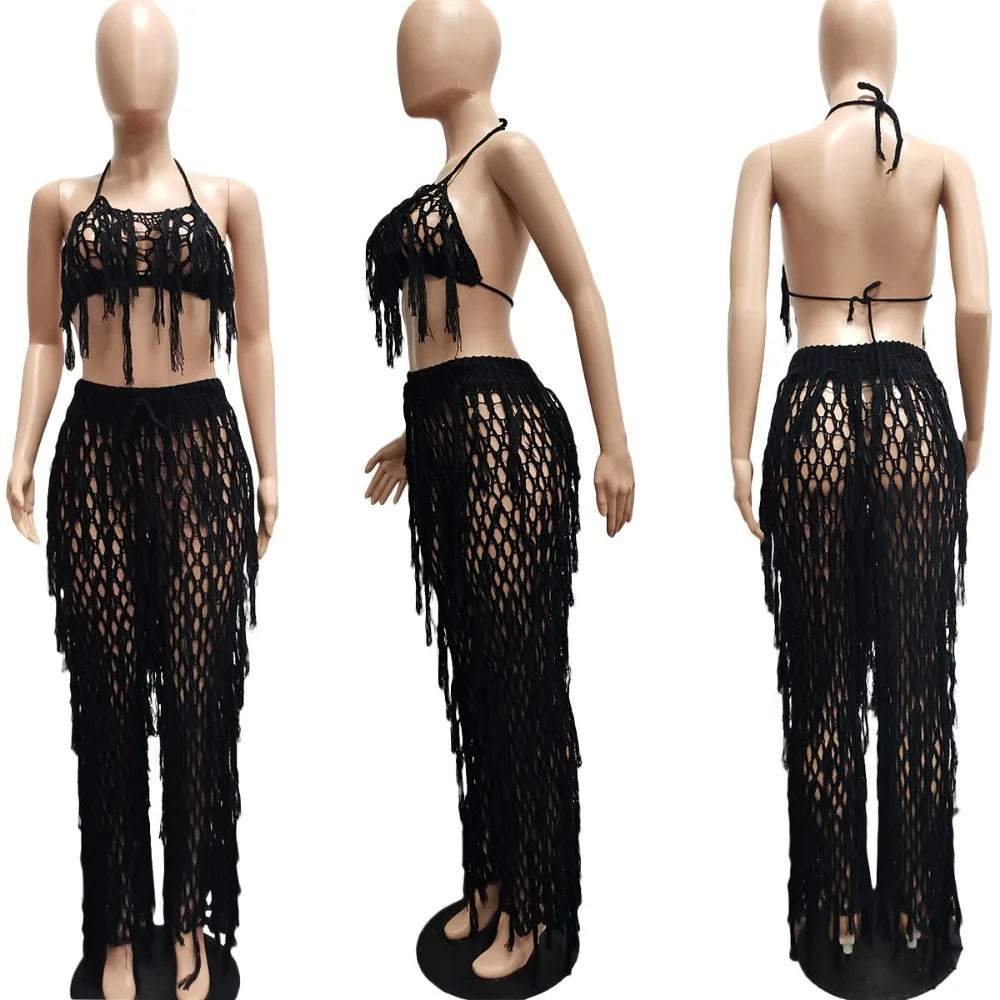 FAGADOER Sexy Hollow Out Tassels Pants Two Piece Sets Women Halter Sleeveless Backless Crop Top + Pants Outfit Female Streetwear