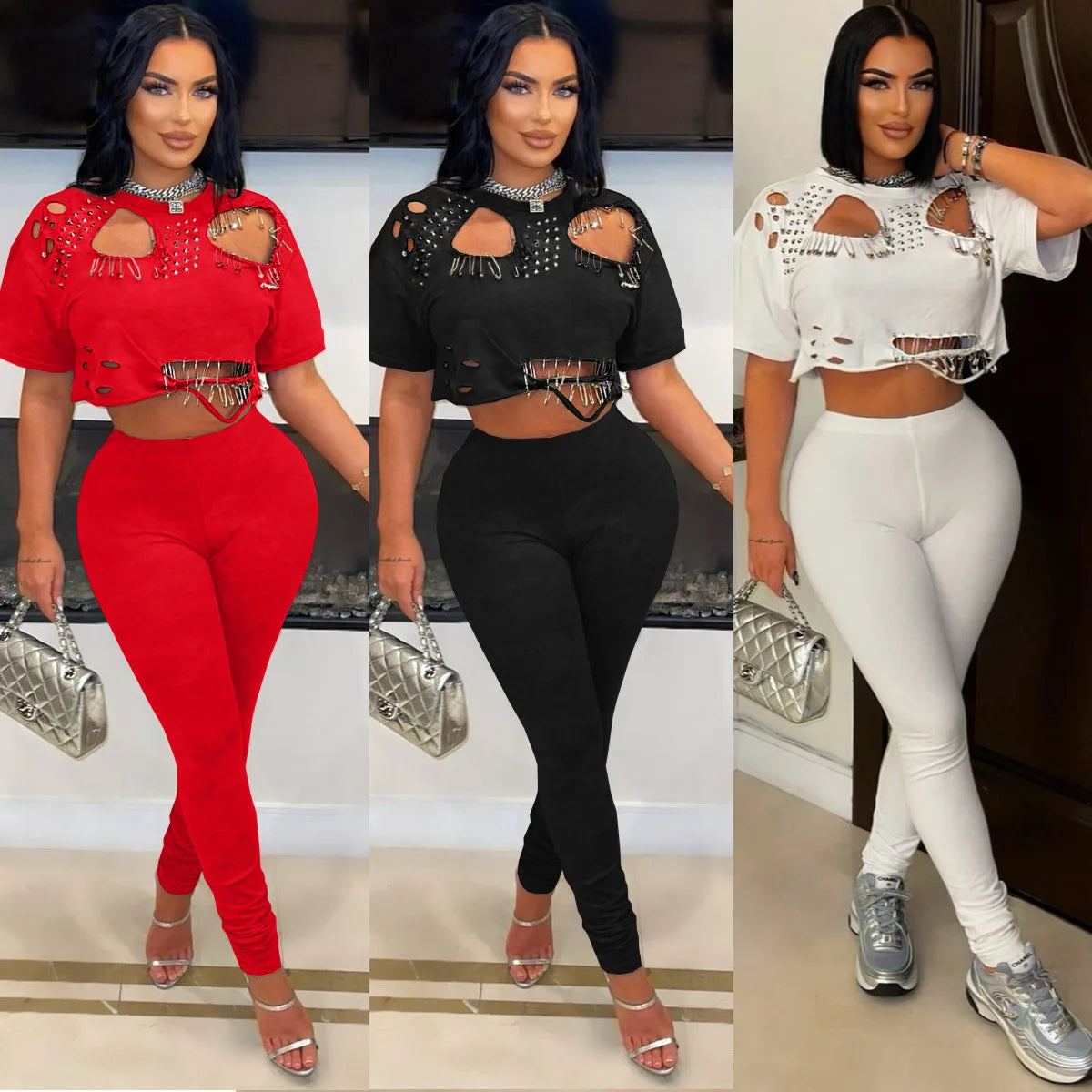 Spring Summer Fashion Solid Two Piece Set Women Sexy Perforated Round Neck Short Sleeve Top Tight Pants Casual Two Piece Set