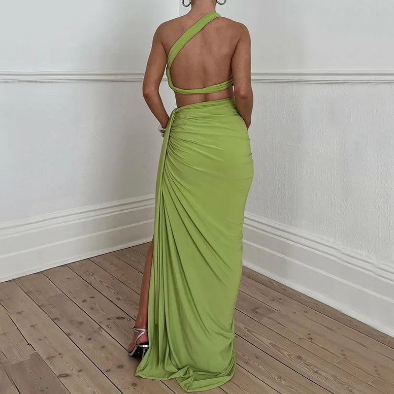 Ladies Spring 2 Pieces Sleeveless Backless Strap Spit Crop Top Side Slit Slim Fit Maxi Skirt Set Women Evening Party Clubwear