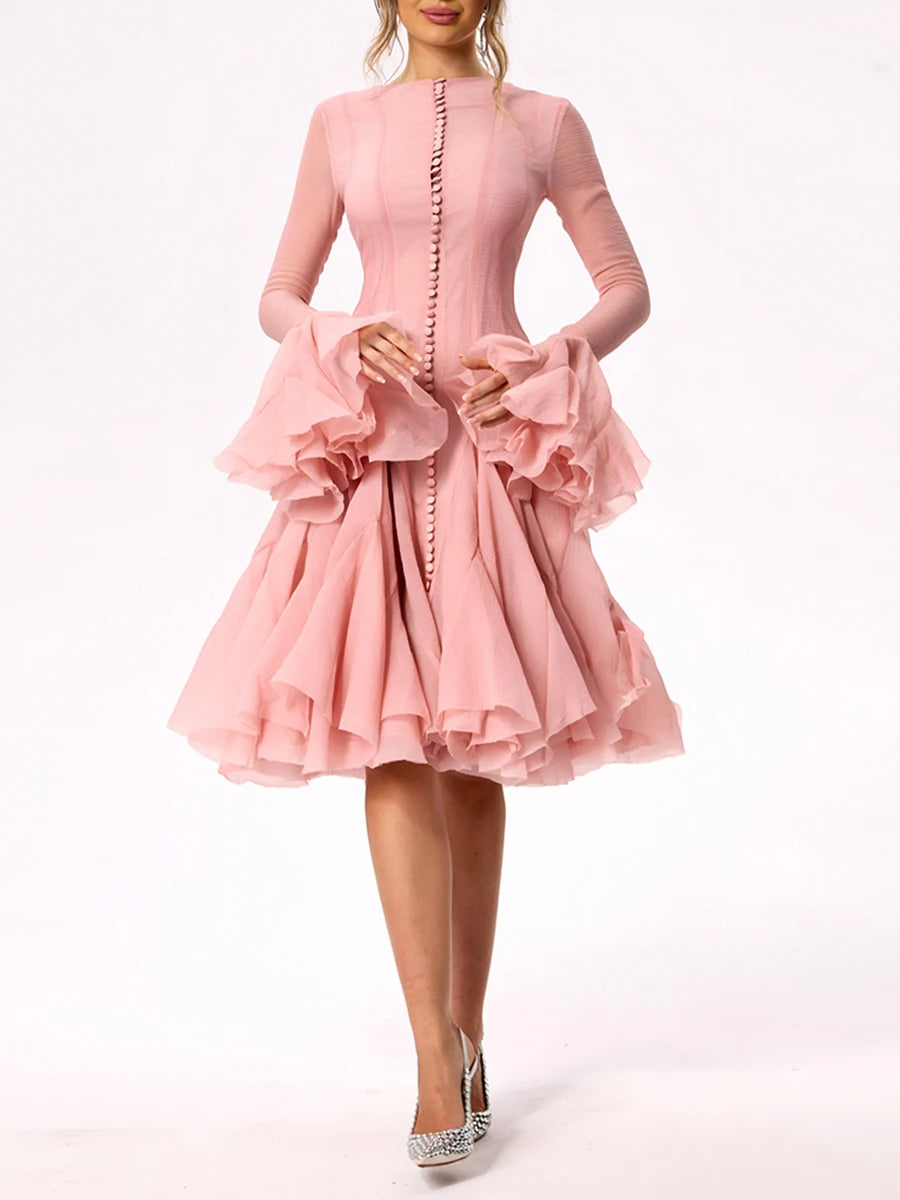 TWOTWINSTYLE Women's Dress Irregular Pleated Patchwork Fashion Long Lantern Sleeve Waist Cinching Mini Dresses 2024 New Clothing
