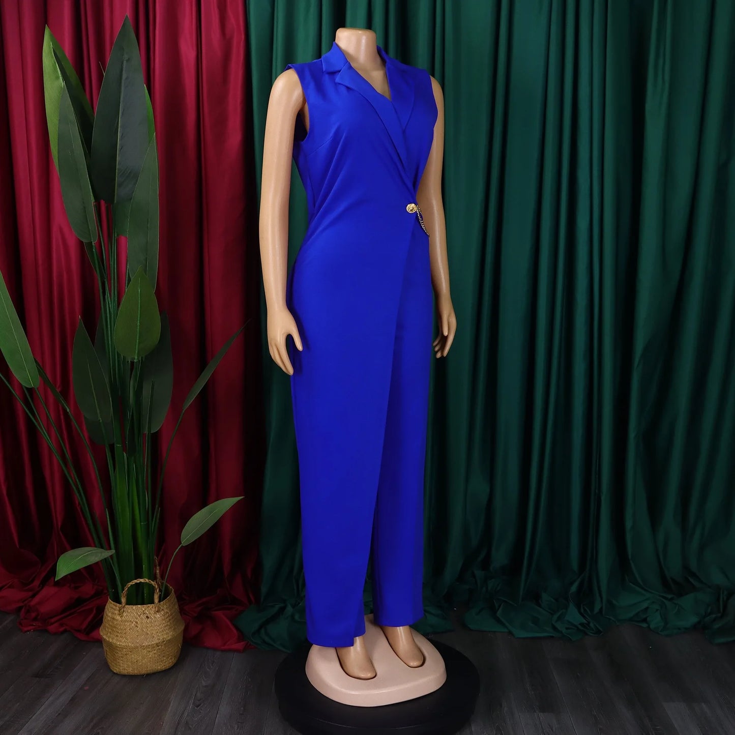 Elegant Jumpsuits & Rompers for Woman 2024 New Turn Down Collar Sleeveless High Waisted V Neck Straight Female Birthday Overalls