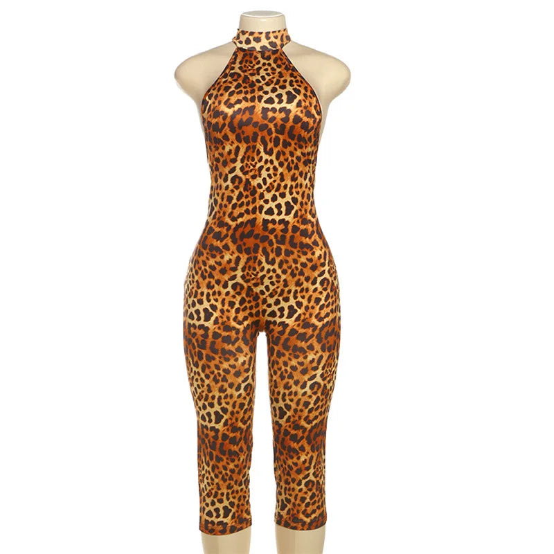 Floral Print Summer Skinny Capris Pants Jumpsuits Women Sexy Sleeveless Lace Up Halter Backless Ruched Peach Hips Slim Rompers
