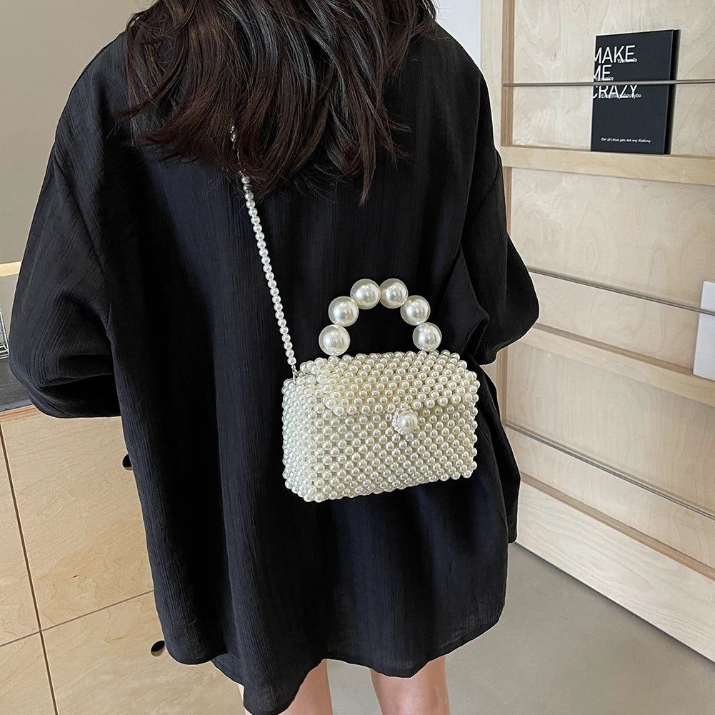 2024 Newest Handmade Pearl Knitting Evening Handbag Luxury Women's Snall Crossbody Bag High-end Hand-Woven Elegant Clutch Purses