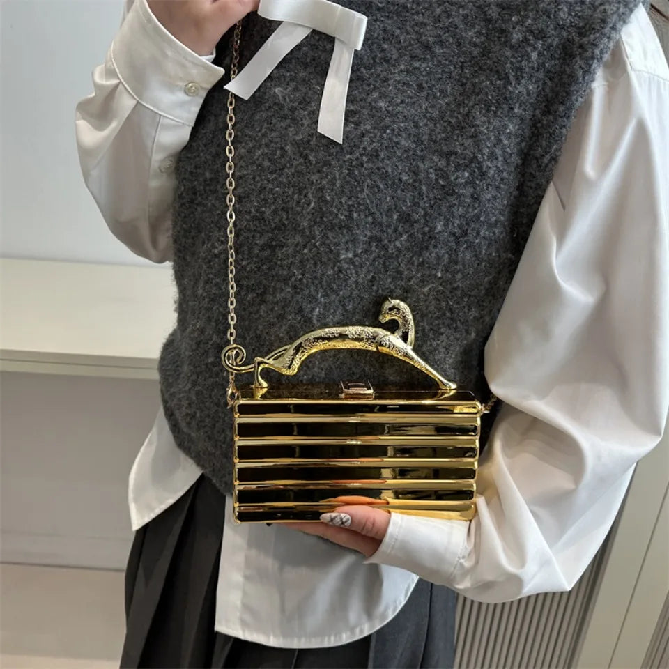 Leopard handle Luxury Gold Silver Party Evening Bag For Women Chain Clutch Handbags And Purses Mini Crossbody Shoulder Phone Bag