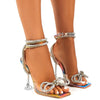 Comemore 2025 Rhinestone Bowknot Women Sandals Transparent High Heels Summer Sexy Square Toe Ankle Buckle Strap Shoes Stiletto