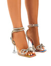 Comemore 2025 Rhinestone Bowknot Women Sandals Transparent High Heels Summer Sexy Square Toe Ankle Buckle Strap Shoes Stiletto