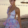 Women Tie-dye 3d Flower Deep V Neck Flare Sleeve Mini Dresses Fashion Slim Printed Multiple Pleat Vestidos New Lady Holiday Wear