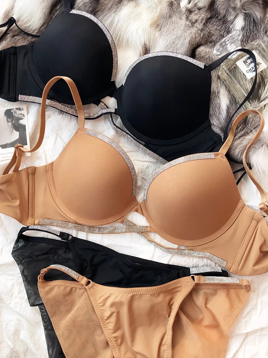 2 Pieces Sexy Underwear Set for Women Classic Cross Hollow Bra Sparkle Rhinestones Lingerie Deep V Push Up Brassiere Set