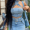 Denim Dress Sets Mini Wrap Buttocks Dress Slim Sheath Solid Two Pieces Sashes Sexy Pullover Tops Washed High Street Spliced