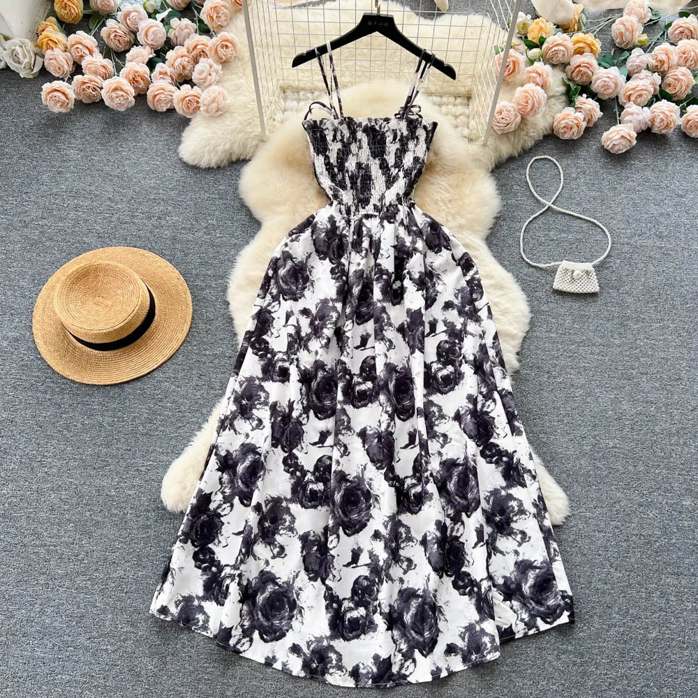 2024 New Summer Korean Fashion Rose Flower Print Romantic Retro Party Dress Elastic High Waist Vacation Long Dress Beach Vestido