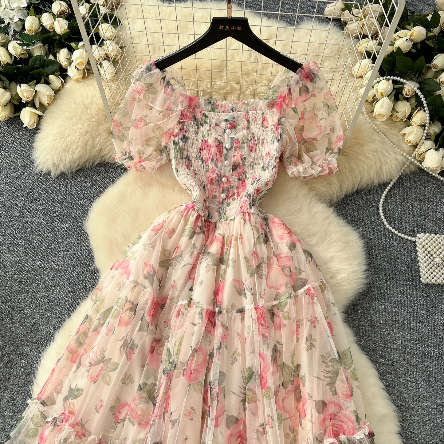 Elegant Slash Neck Vintage Short Puff Sleeve Chic Print Slim Chiffon Dresses French High Street Evening Autumn Mesh Clothing