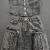 Y2k Fashion Vintage Washed Denim Set Women Off Shoulder Cropped Top Mini Skirt Jean Suit Summer Streetwear 2 Two Piece Outfits