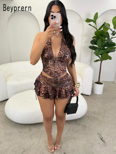Beyprern Fierce Girl Ruffles Skirt Set Wild Cheetah Corset Crop Top And Ruched Two-Piece Dress Night Out Outfits Sexy Clubwear