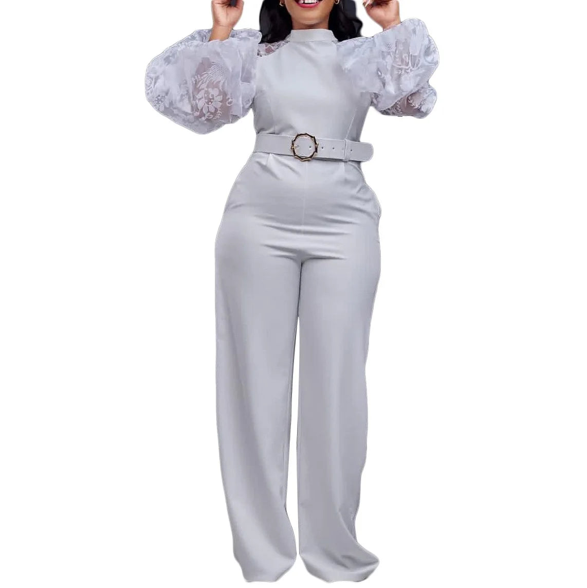 Elegant Jumpsuits for Women Luxury Round Neck Full Sleeve Belt Waisted High Waisted Straight Female Birthday Party Celebrate New