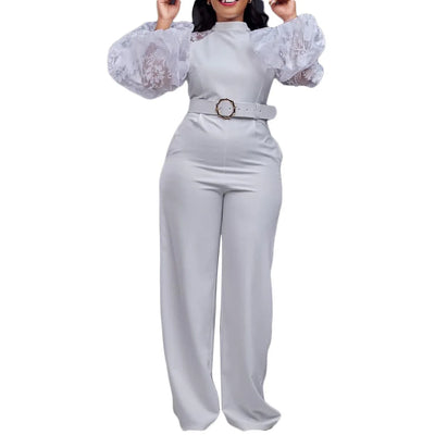 Elegant Jumpsuits for Women Luxury Round Neck Full Sleeve Belt Waisted High Waisted Straight Female Birthday Party Celebrate New