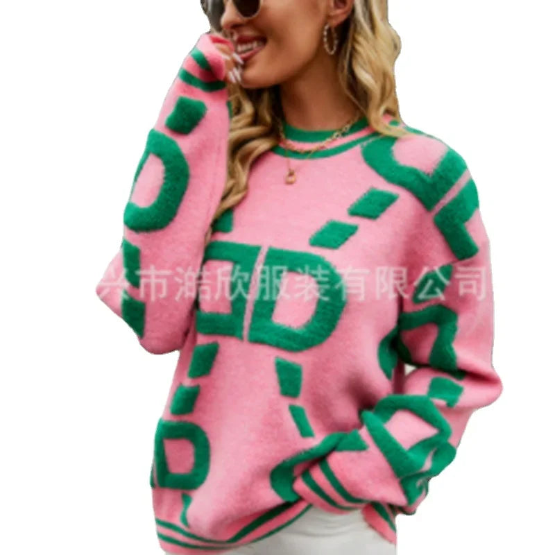 Knitted Sweaters Women 2023 Spring/Autumn Round neck Letter  Embroidery Pullovers Top Temperament casual warm Tee contrast color