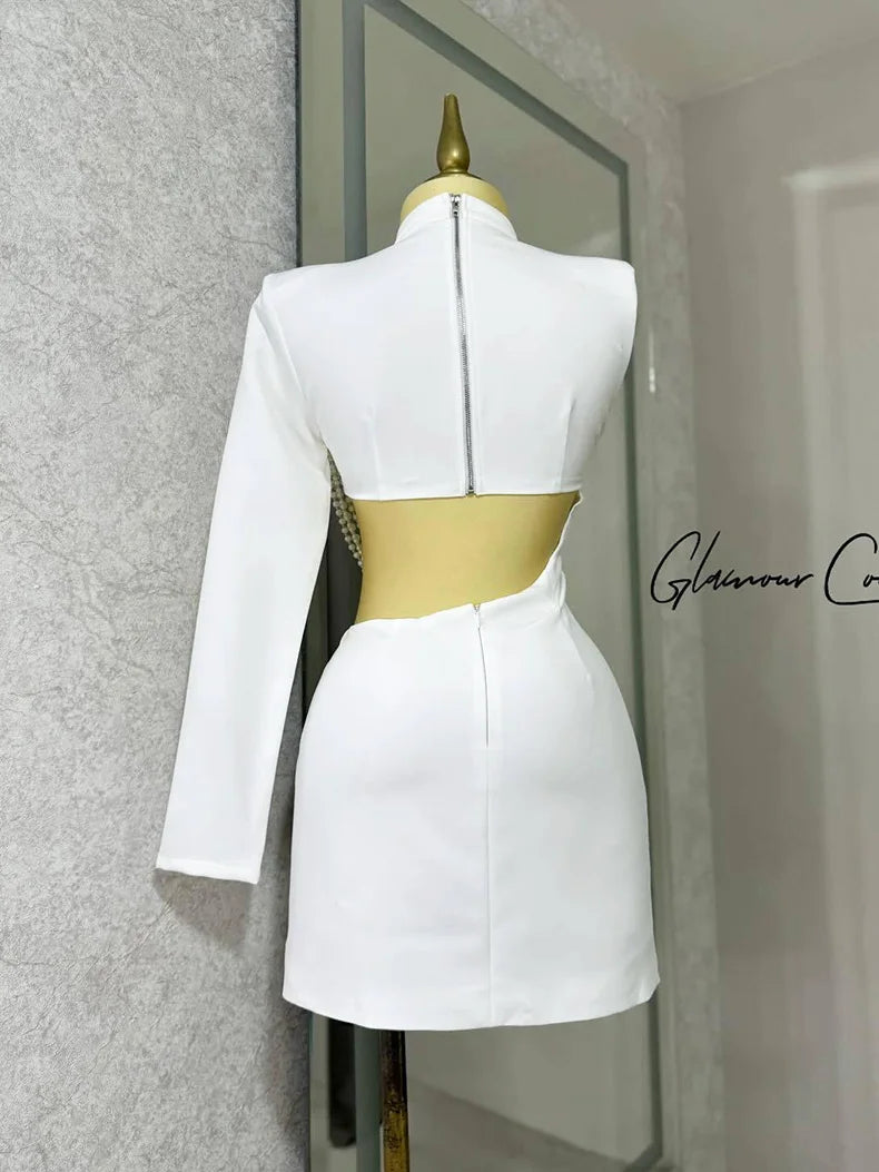 Fashiona sexy women's slim fit solid color one shoulder elegant dress pearl string party half high neck hip hugging mini dress