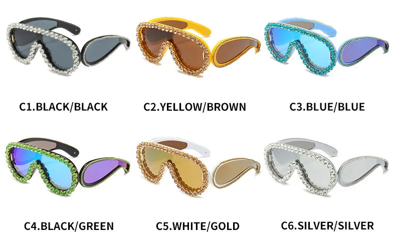 Oversized Punk Rhinestones Sunglasses Women 2024 Luxury Brand One-Piece Y2K Sports Sun Glasses for Lady Steampunk Eyewear UV400